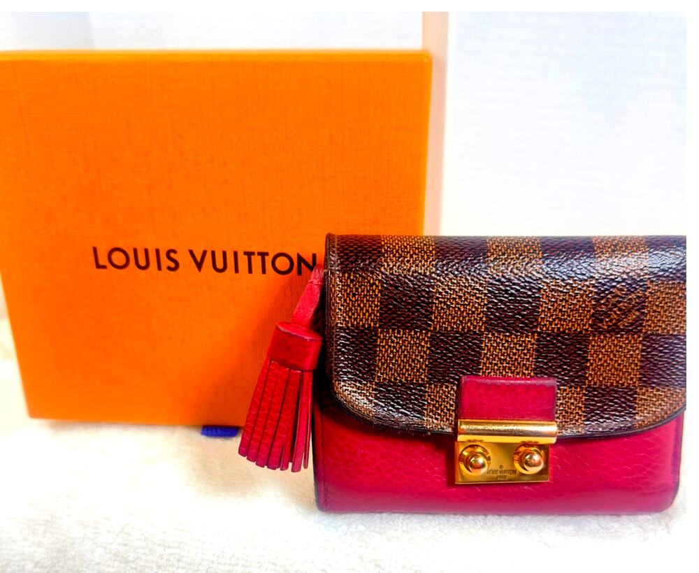Louis Vuitton Damier Ebene Compact Wallet Raspberry Interior Tassel Charm w/ Box